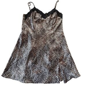 Y2K Intimate Essentials Leopard Print Silky Slip Dress Size M Lace Trim Satin